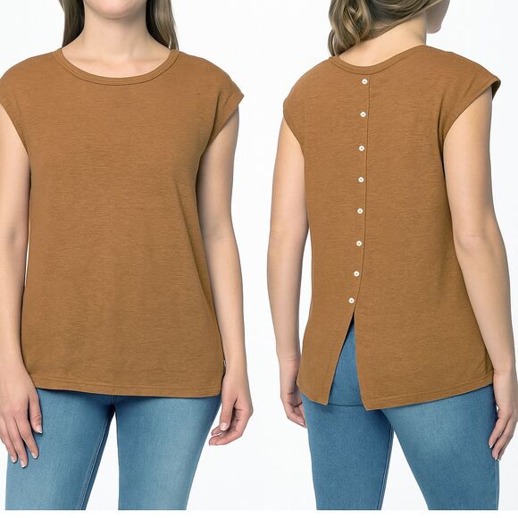 Tahari Top Women M Caramel Brown 100% Linen Tee Cap Sleeve Button Back Split Hem - Picture 9 of 9